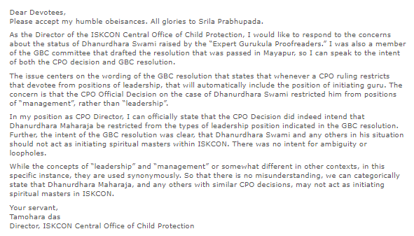 Dhanurdhara ISKCON Child Protection Office Abuse Vrindavan Gurukula Vaishnava Aparadha Lifetime Restriction Hare Krishna